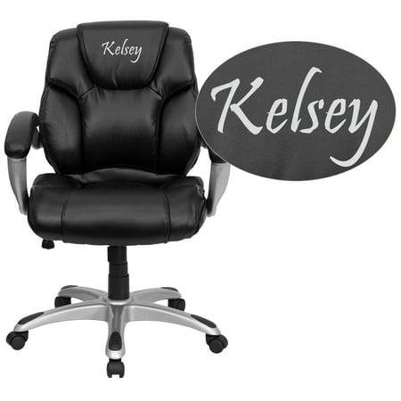 Flash Furniture Personalized Mid-Back Black LeatherSoft Layer Padded Executive Ergonomic Office Chair with Silver Nylon Base and Arms