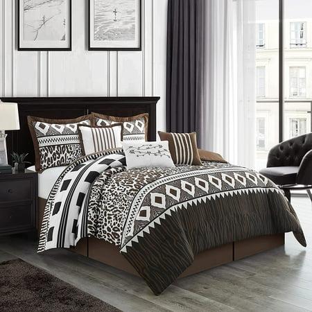 Grand Avenue Hunter 7 Piece Comforter Set Coffee Bed Size King Cheetah Leopard Animal Print 100% Polyester The unique tribal Comforter Set use dark colors  charming and luxurious. 1 Comforter- 104 inches x 92 inches  2 Shams- 36 inches x 20 inches  1 Decorative Pillow- 18 inches x 18 inches  1 Decorative Pillow- 16 inches x 16 inches  1 Decorative Pillow- 12 inches x 18 inches  1 Bedskirt- 78 inches x 80 inches with 15-inch drop Set Includes: (1) Comforter  (2) Shams  (1) Bedskirt  (3) Decorative Pillows Item Package Weight: 11.02 pounds