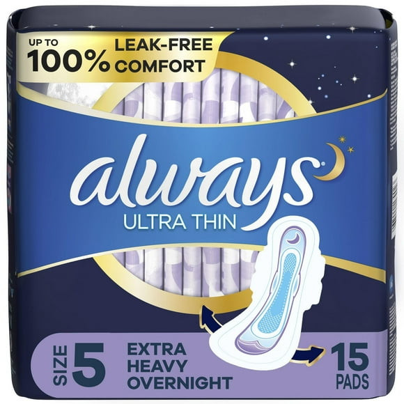 Always Ultra Thin Overnight Pads, Size 5, Extra Heavy Overnight, Unscented, 15CT