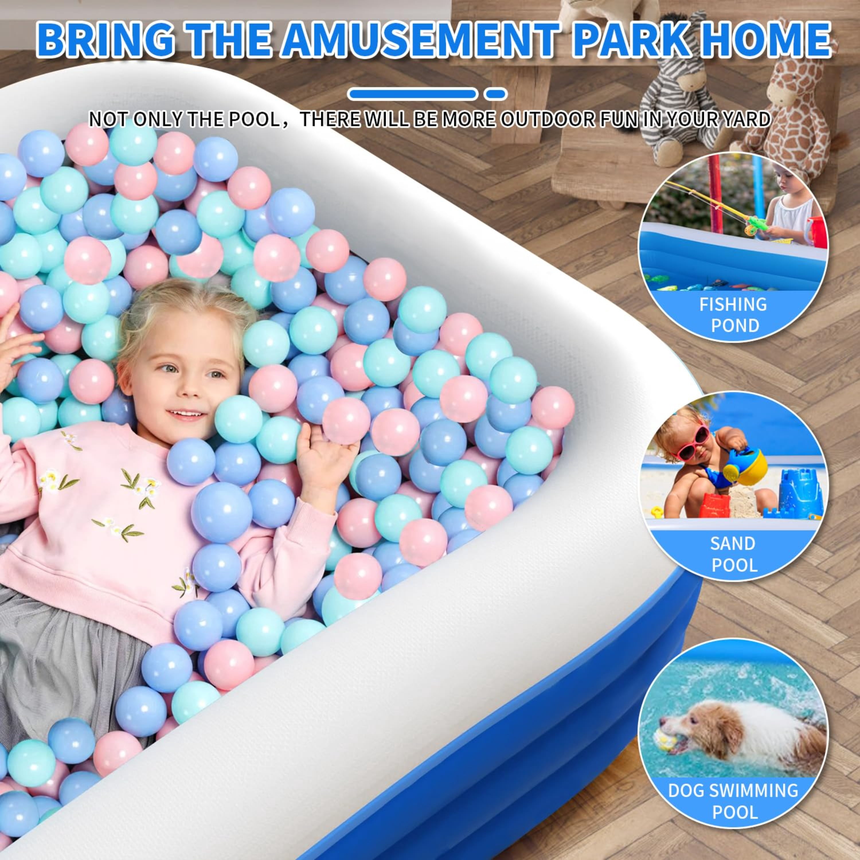 JXXRZ 71"x49"x24" Inflatable PVC Rectangle Swimming Pool for Adults/Kids, Indoor & Outdoor Foldable Pool with Sturdy Mesh & Quick Drain