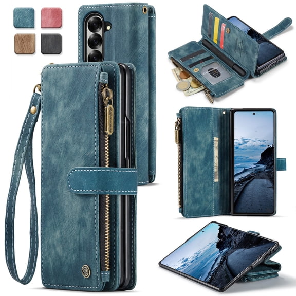 ShellTech For Samsung Galaxy Z Fold 7 PU Leather Wallet Case with Card Holder Kickstand Magnetic Zipper Pocket Lanyard Strap Wristlet,Leather Flip Case Shockproof Protective Cover,Blue
