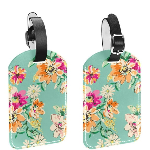 Square 2Pack PU Leather Flower Floral Cruise Luggage Tag with Privacy Cover and Name ID Tag for Travel Handbags Backpacks Luggage Tags