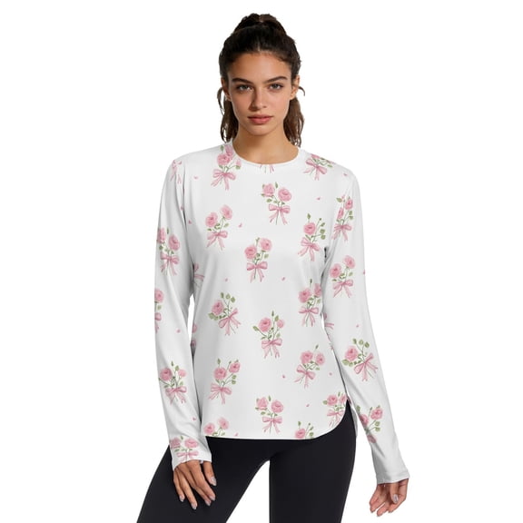 Pink Rose with Bow Women UPF 50 UV Shirts Long Sleeve with Thumb Holes Workout Sun Shirt Quick Dry Athletic Hiking Tops