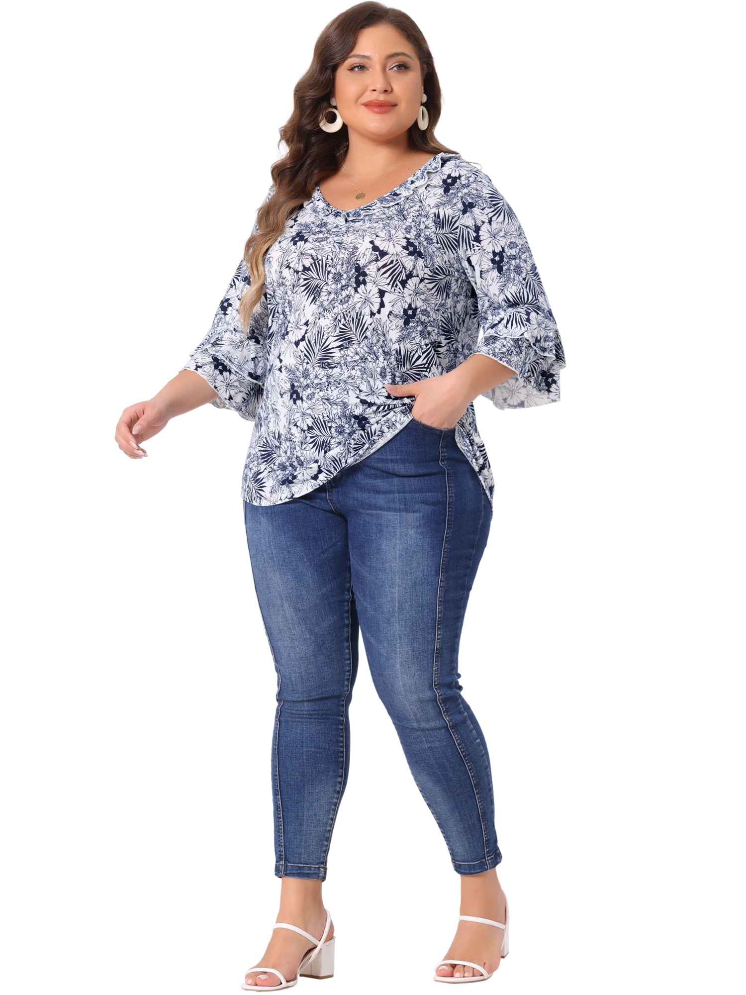 DARING DIVA Women's Plus Floral V Neck Tiered Ruffle Bell Sleeve Blouse 3X White Blue