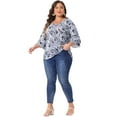 thumbnail image 3 of DARING DIVA Women's Plus Floral V Neck Tiered Ruffle Bell Sleeve Blouse 2X White Blue, 3 of 6