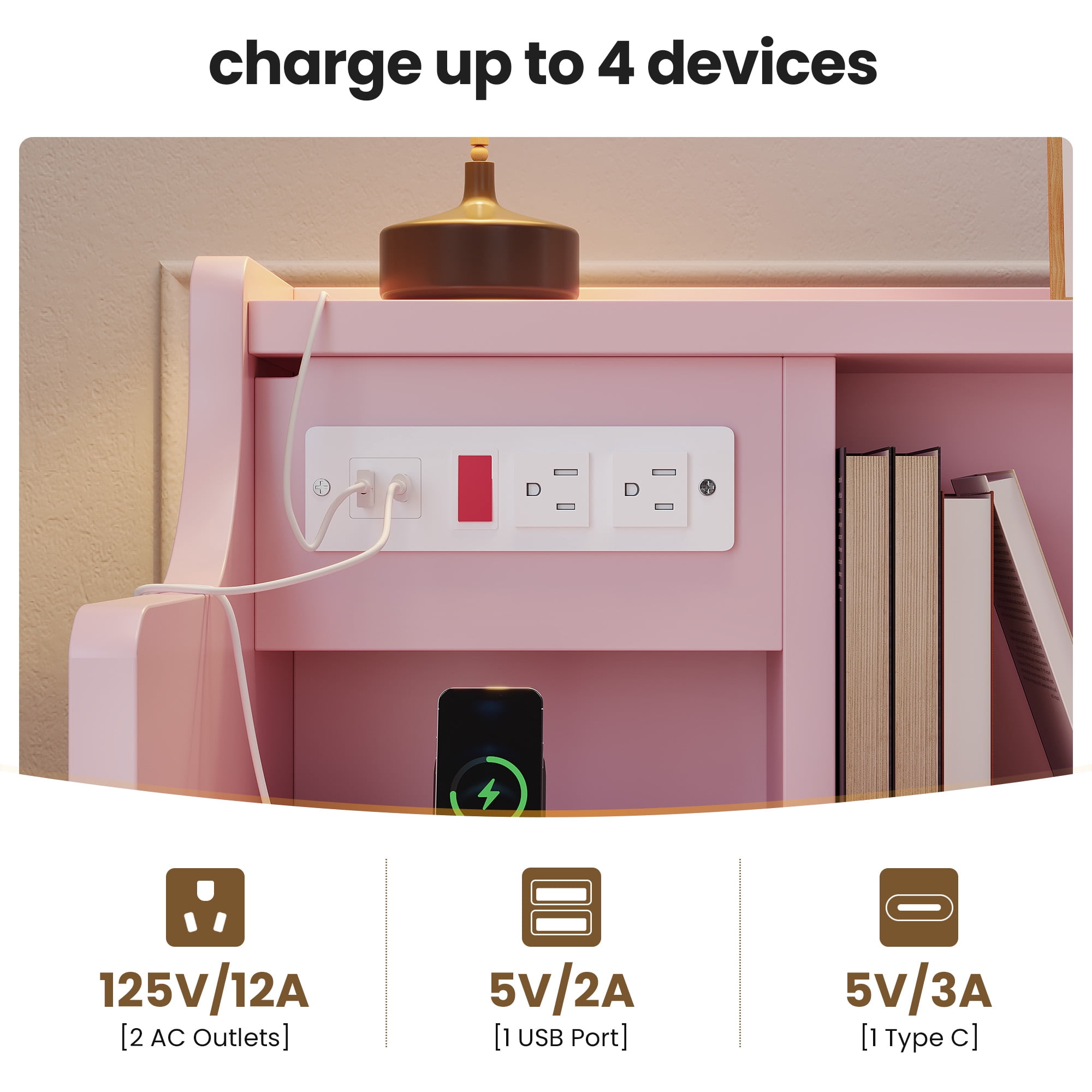 Pink Nightstand with Charging Station and LED Lights for Bedroom, Morden Night Stand with Hutch and Storage Drawers,End Side Table- 1Pcs