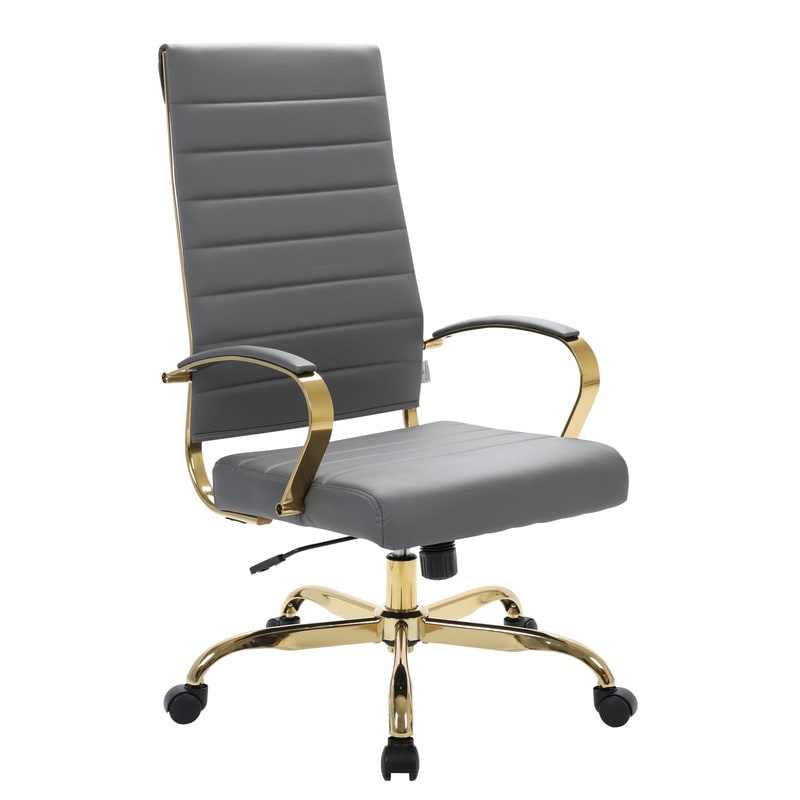 Benmar High-Back Gray Leather Office Desk Chair Ergonomic Executive Chair with Adjustable Swivel, Gold Frame with Cushion Support & Silent Wheels for Home Office Workstations