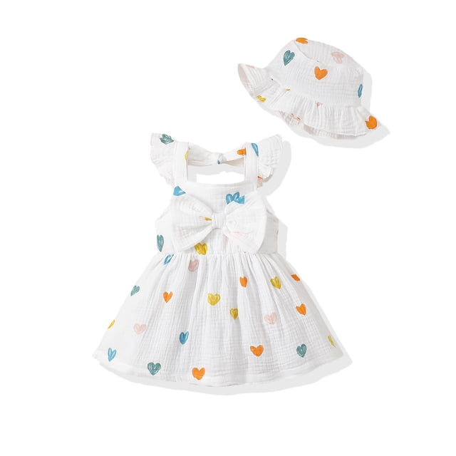 Vestido de verano con estampado de corazones bohemio de Renotemy con sombrero, 3-6M