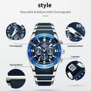 Men's VIP Luxury Chronograph Watch, blue dial, stainless steel case, silicone strap, water-resistant sports watch with date display, chronograph, luminous hands, stainless steel and silicone strap.