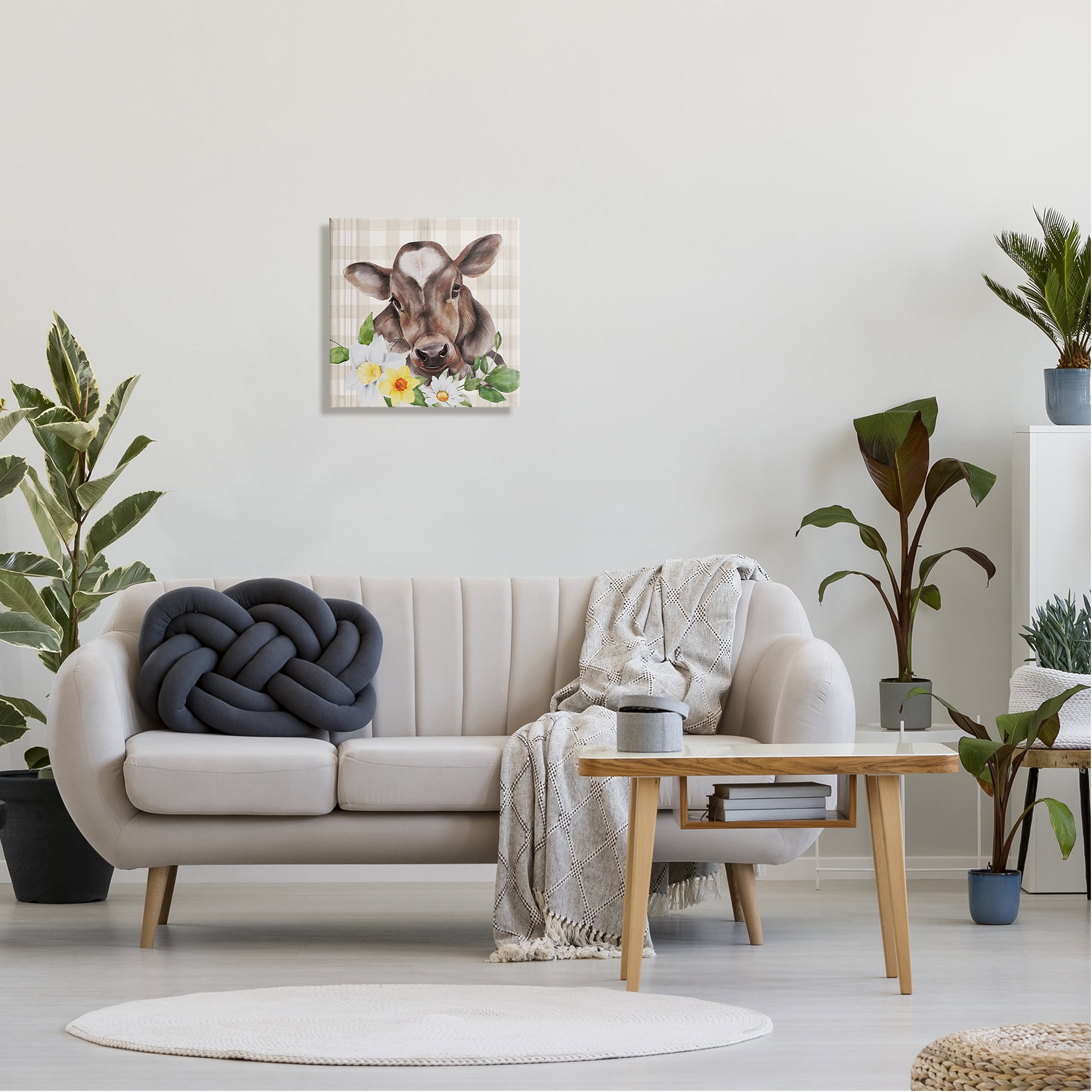Stupell Country Gingham Floral Cow Animals & Insects Painting Gallery Wrapped Canvas Print Wall Art
