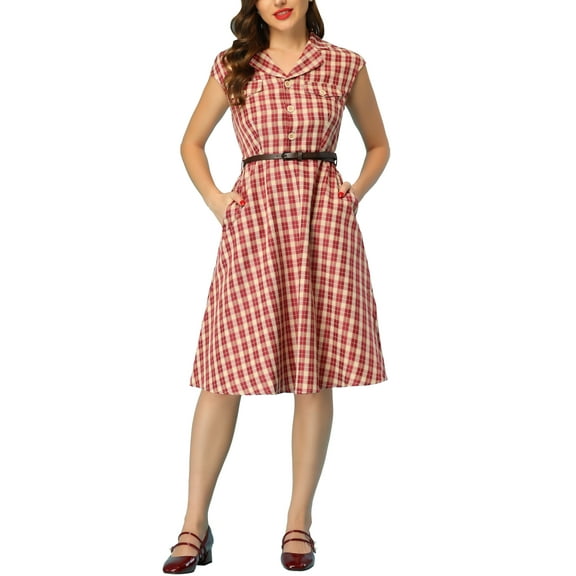 Allegra K Women's Button Front Cap Sleeve Retro Belted Plaid Dresses