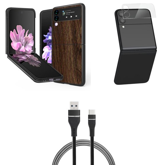 Bemz Premium Bundle for Samsung Galaxy Z Flip 3 5G: Slim Snap-On Protector Case (Dark Brown Wood), Rear Camera Glass Protector, Nylon Braided USB-C to USB-A Cable (3 Feet)