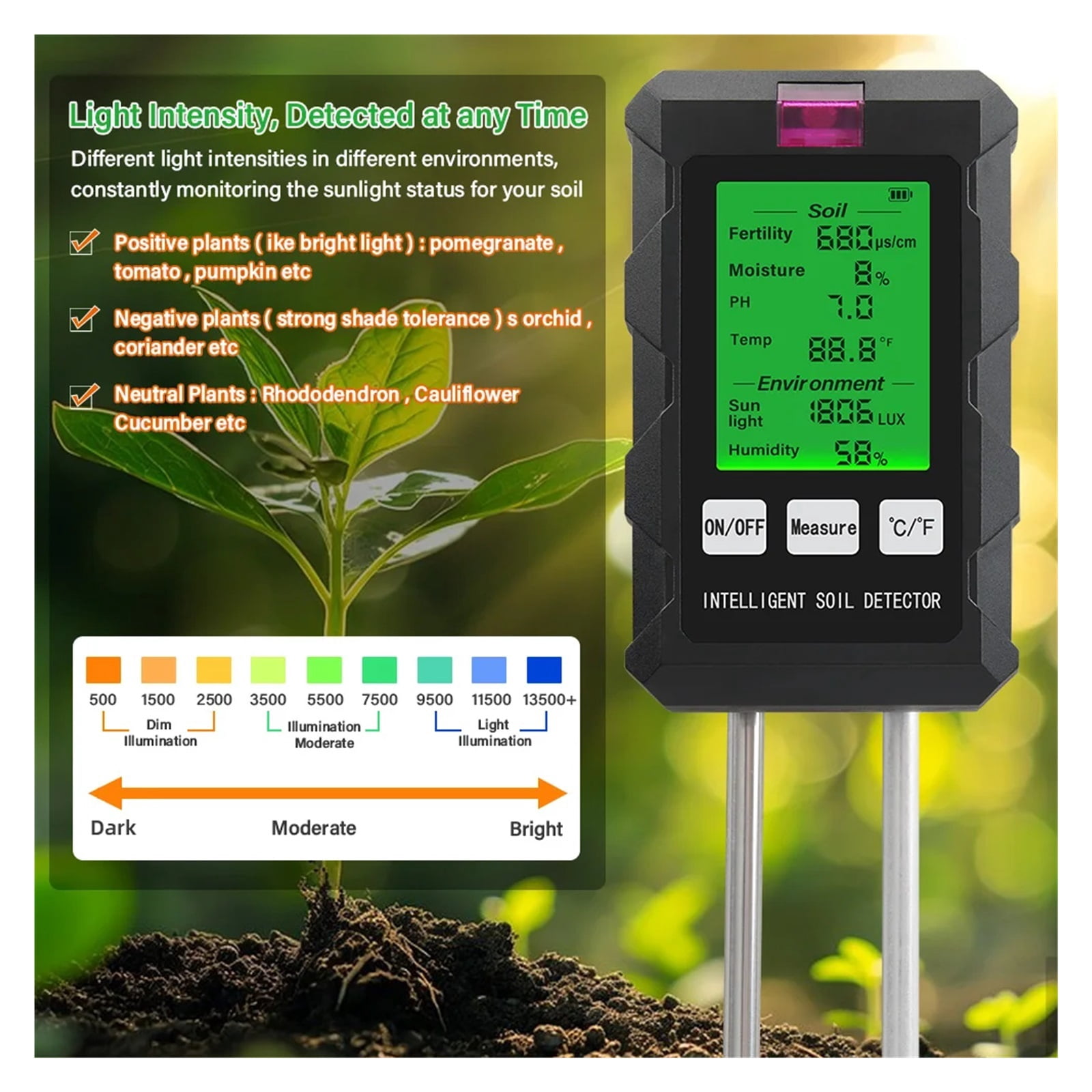 Digital 6 in 1 Soil PH Meter Fertility Soil Moisture Sunlight Ambient Humidity Temp Tester Monitor Detector Garden Soli Analyzer