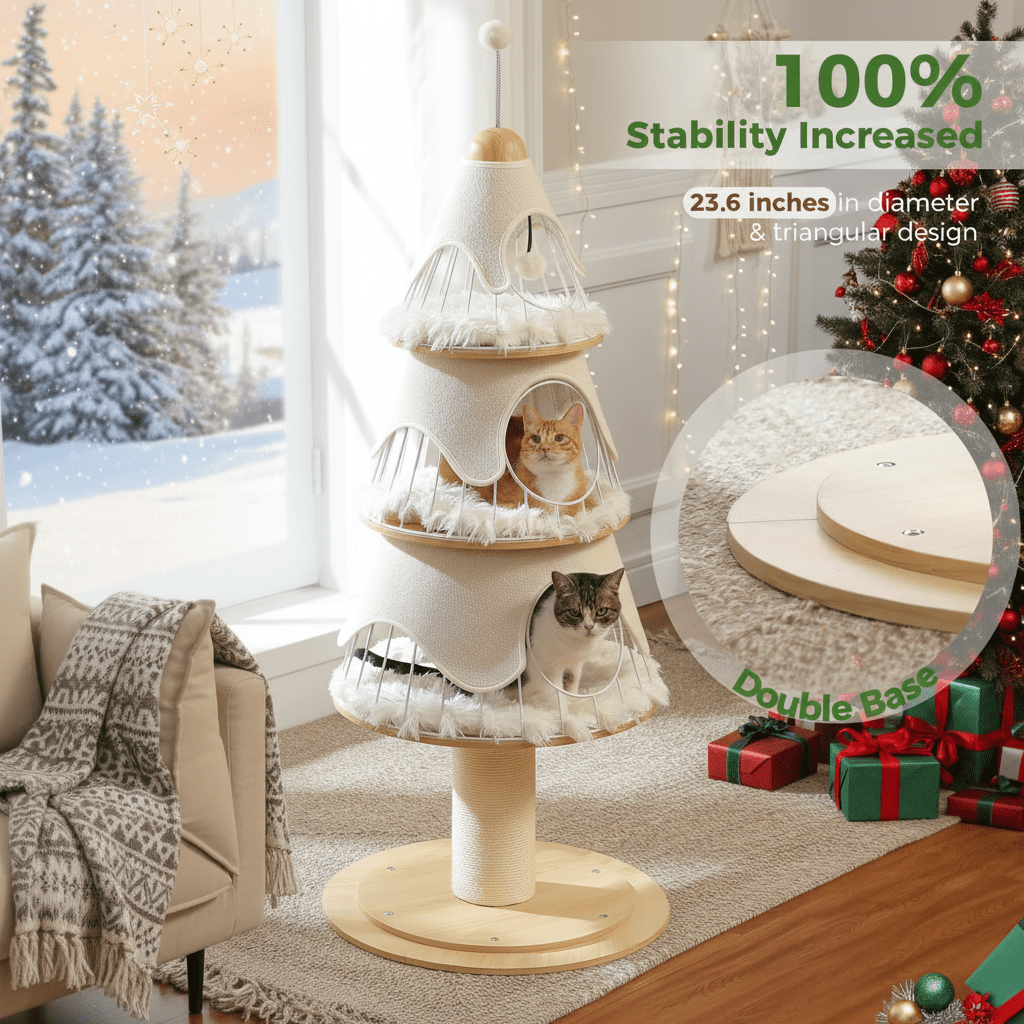 PAWZ Road 51.2" Christmas Cat Tree for Indoor Cat Modern Cat Tower with 3 Cat Condos and Scratch Post, White