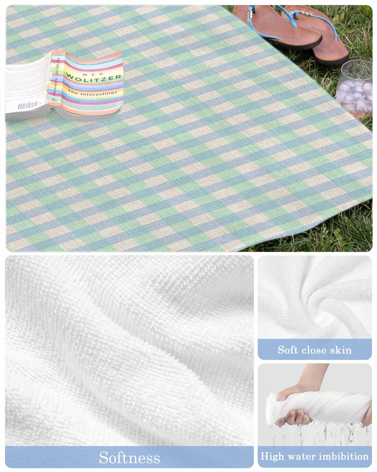 Blue Green Beach Towels Oversized Super Absorbent, Grid Checkered Plaid Gingham Lattice Trellis Lightweight Bath Towel Quick Dry Sets For Bathroom/Pool/Rv Camping/Beach Play/Gym Room/Picnic 31"x62"