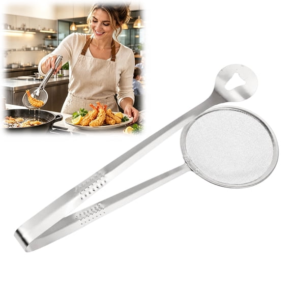 2-in-1 Stainless Steel Food Tongs & Oil Strainer – Fine Mesh Frying Clip for Kitchen, BBQ & Deep Fryer
