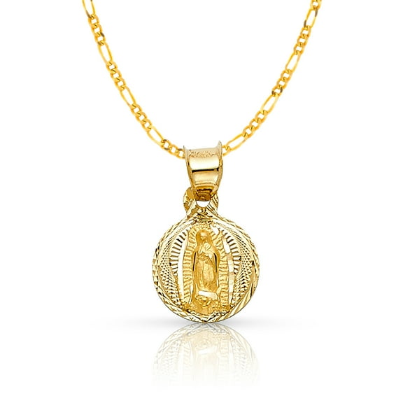 Ioka-14K Yellow Gold Diamond Cut Our Lady of Guadalupe Stamp Charm Pendant with 1.6mm Figaro 3 1 Chain Necklace - 16"