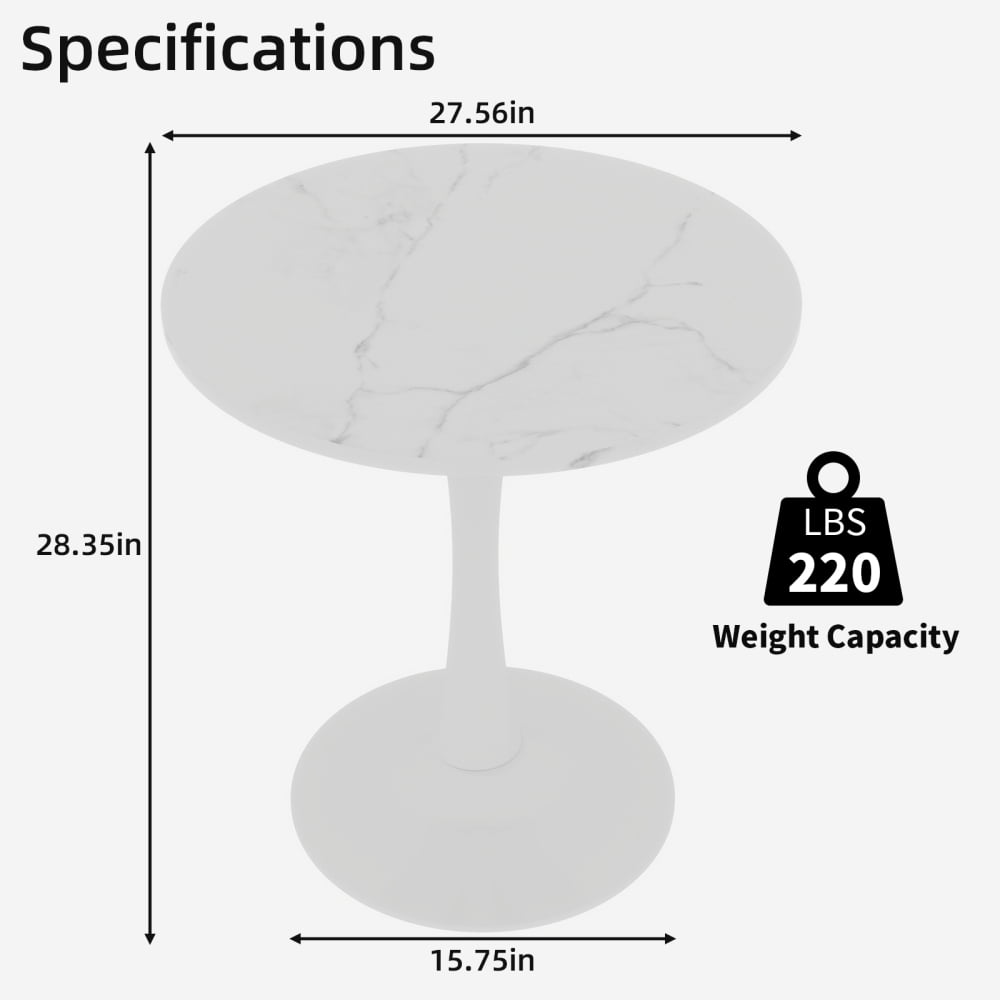 27.6-Inch Round Mid-Century Modern Dining Table & Coffee Table, Faux Marble Top, Pedestal Side Table for Living Room