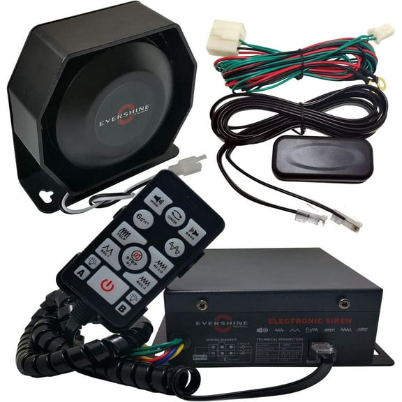 Evershine Signal 100W Emergency Police Siren Kit with Handheld Remote Control PA System Flat Speaker PTW Wiring 12V/24V DC