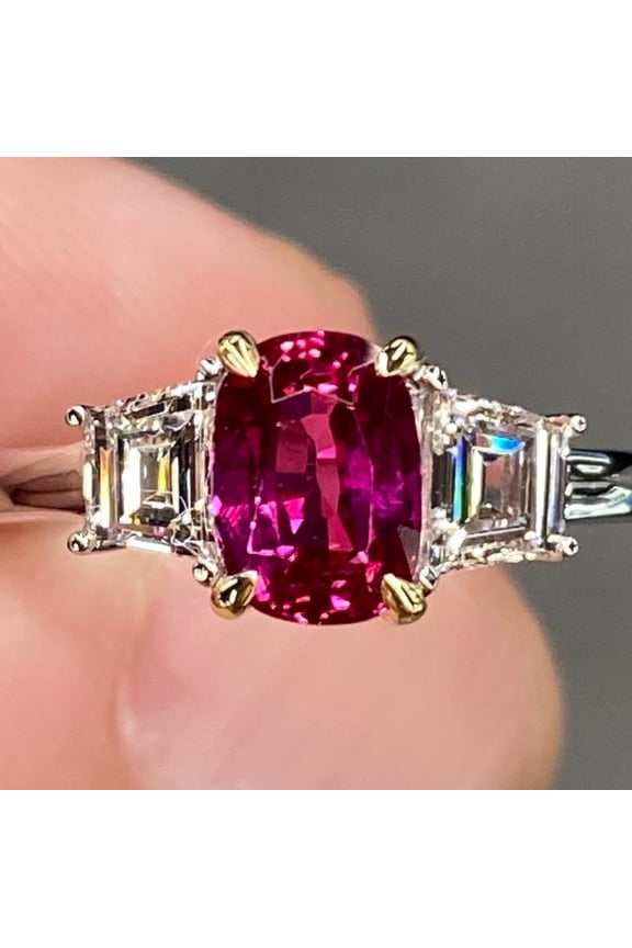 Lab created Vivid Red Ruby lood Engagement Three Stone Art Deco Cocktail Promise Ring Couple Ring
