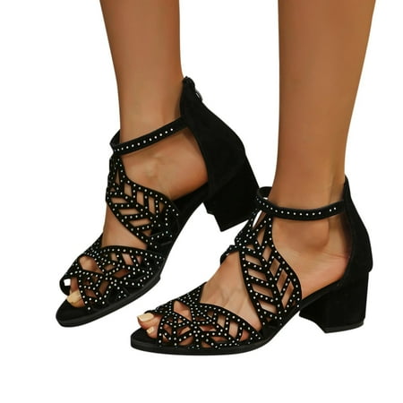 

WQJNWEQ Sandals Women Hollow Out Rhinestone Fish Mouth Thick Heeled High Heeled Back Zipper Bag Heel Fashion Shoes