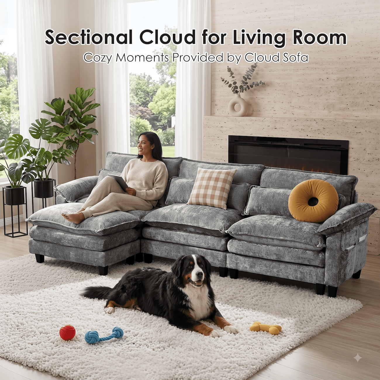148" Convertible Cloud Sectional Sofa, Modern Chenille L Shaped Couch with Reversible Chaise, Deep Seat 6 Seat Sectional Sofa with Pillows, Comfy Upholstered Couch for Living Room Apartment (Grey)