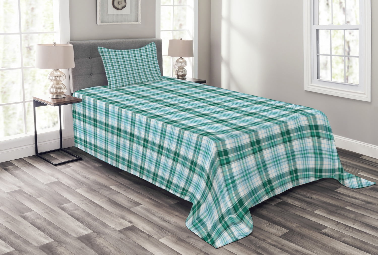 Turquoise Bedspread Set, Abstract Checkered Squares Pattern Ornamental