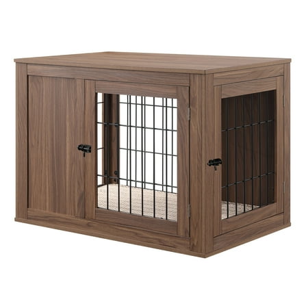 UPC: 0883339869612 | Unipaws Dog Crate End Table with Cushion Wooden Wire Pet Kennels with Double Doors Modern Design Dog House Chew-Proof Walnut