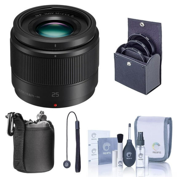 Panasonic Lumix G 25mm f/1.7 Aspherical Lens for Micro Four Thirds, Bundle with 46mm Filter Kit, Cleaning Kit, Lens Case, Lens Cap Tether
