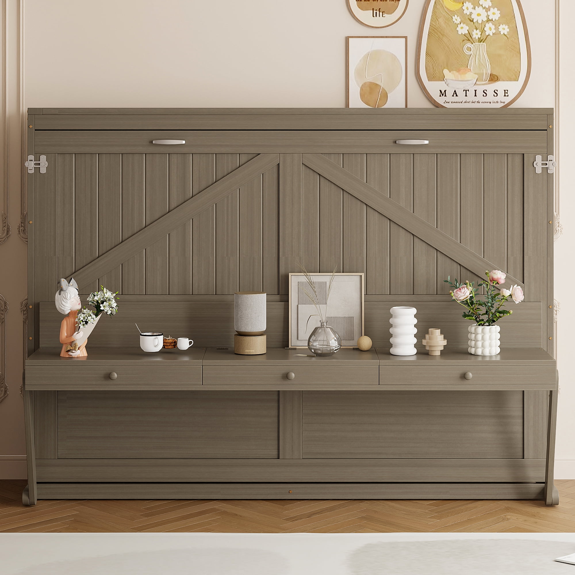 Mintazer Queen Murphy Bed with Vanity Desk, Modern Foldable Wall Bed with Center Mirror for Bedroom Apartment Guest Room, Distressed Gray