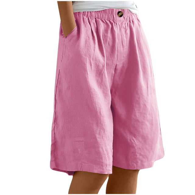 Timegard Wide Leg Shorts for Women Cotton Linen Elastic Waist Button Loose Solid Color Knee Length Pants