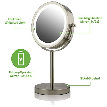 Ovente Lighted Tabletop Makeup Mirror, 6 Inch, Dual-Sided 1x/7x Magnification, Cordless, Battery Operated, Cool-Tone LED Lights, Nickel Brushed