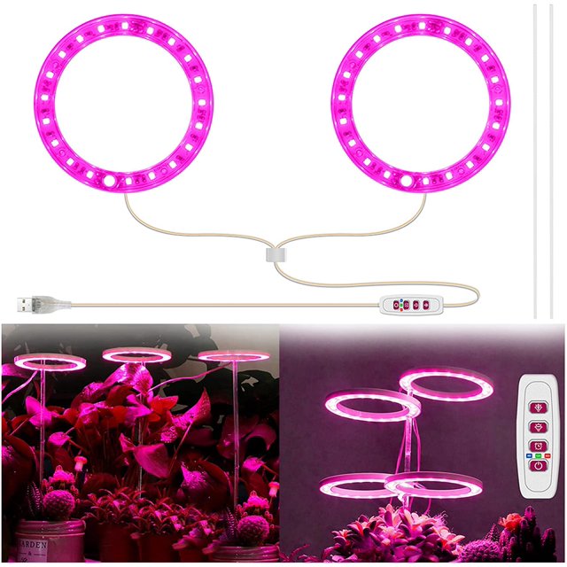 1/2/3/4 Ring Small Plant Halo Grow Light with 8/12/16H Timer for Desk,Full Spectrum LEDs USB Mini Dimmable Grow Light for Indoor Umbrella Plant Seeds herb Growth(2 Rings)
