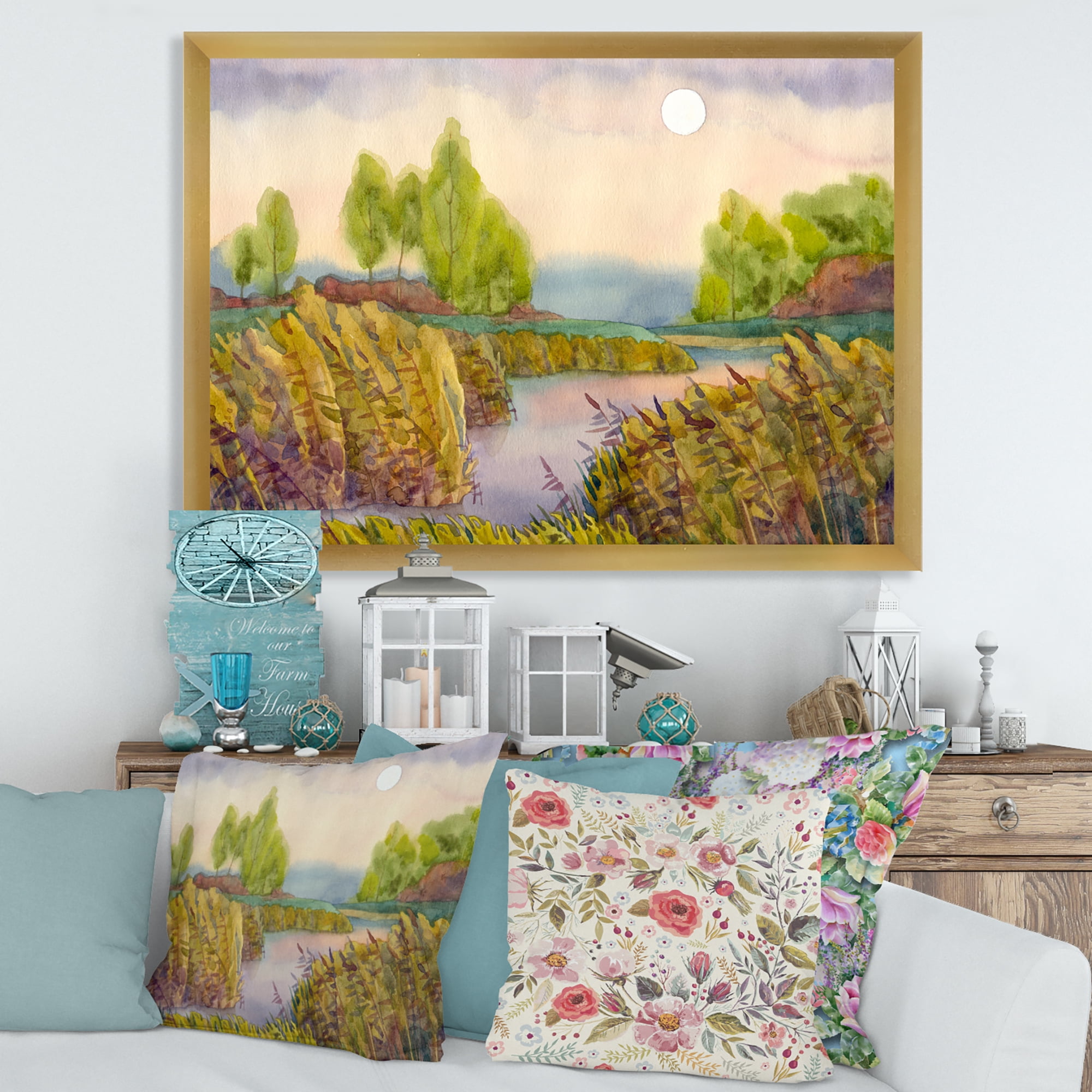 Designart 'Lake In The Reeds With Full Moon' Nautical & Coastal Framed Art Print