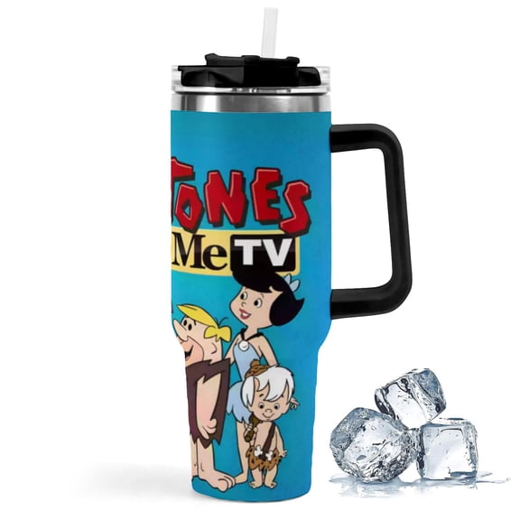 Flintstones-theme Insulated Stainless Steel Tumbler with Handle Gifts For Family Friends Fans and Straw Fits in Standard Cup Holder 40 OZ