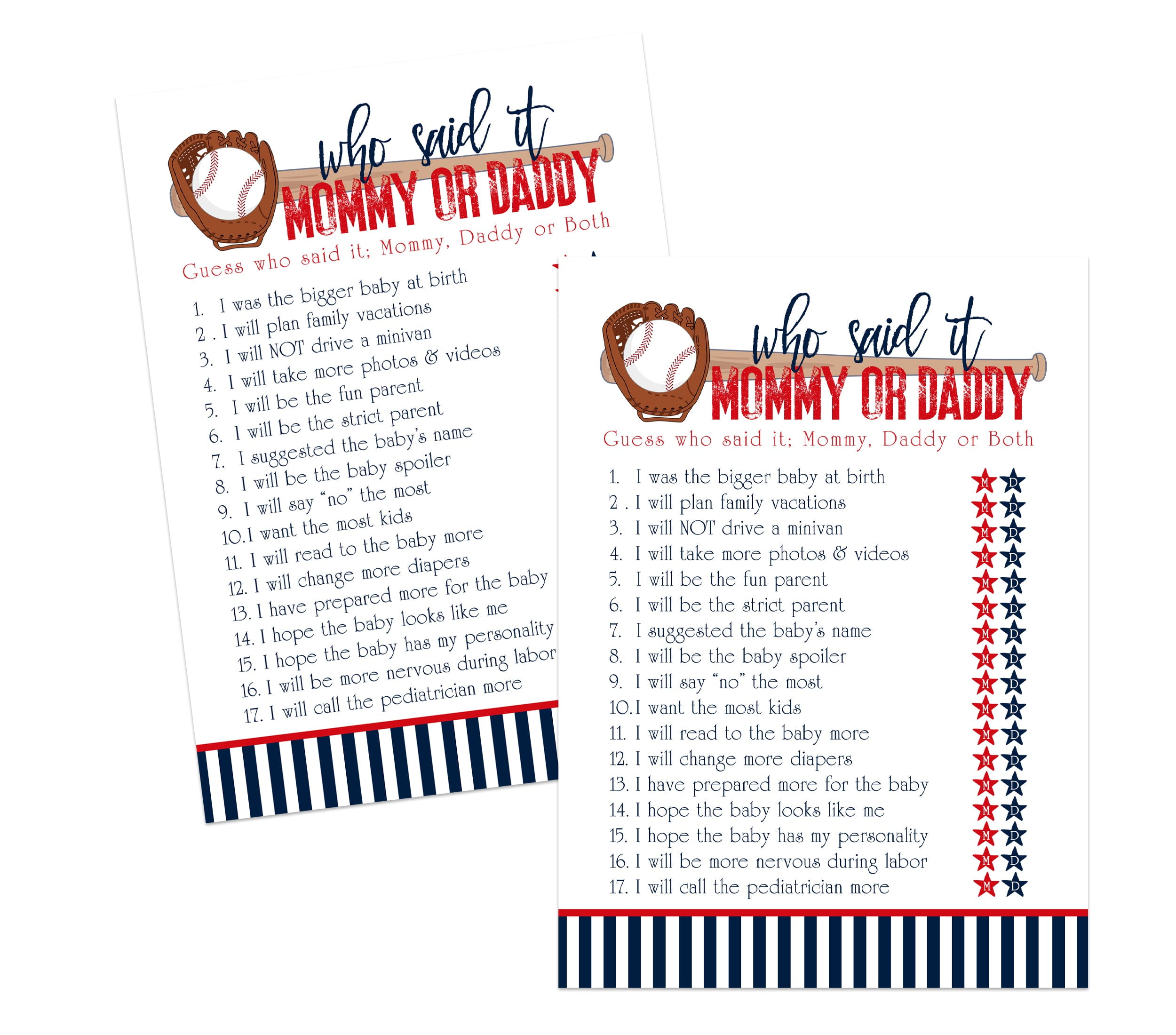 Baseball Guess Who Mommy or Daddy Baby Shower Game Cards 25 Pack Guessing Which Parent Gender Reveal Activity - Sports Event Theme Red White Blue - Printed 5x7 Set - Paper Clever Party