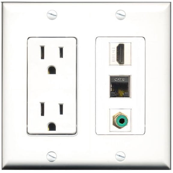 RiteAV - 15 Amp Power Outlet 1 Port HDMI 1 Port RCA Green 1 Port Shielded Cat6 Ethernet Ethernet Decorative Wall Plate