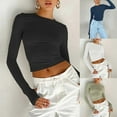 thumbnail image 3 of Womens Thumbhole Long Sleeve Round Neck Slim Fitted Crop Top Solid Color Bodycon Basic Short Pullover T-Shirt Blouse, 3 of 19