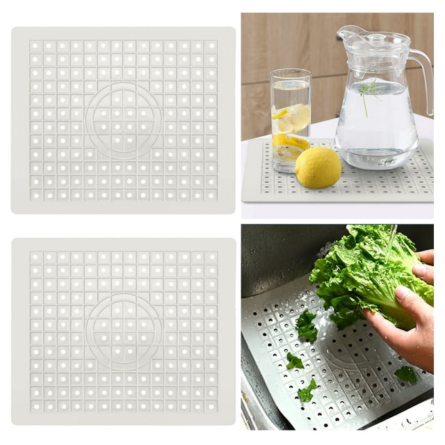 MesaSe 2pcs Kitchen Sink Mats Rubber Sink Mat Kitchen Sink Grid Protector Non-Slip Drain Pad Protector with Cuttable Center Drain Collapsible Sink Grates for Kitchen Sink Grey 12x1