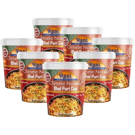 Rani Chinese Noodle Bhel Puri Cup (Spicy & Crunchy Indian Snack w/mouth watering Indian Chutneys) 3.5oz (100g), Pack of 6 1 FREE ~ Ready to Eat | Vegan | NON-GMO | Indian Origin