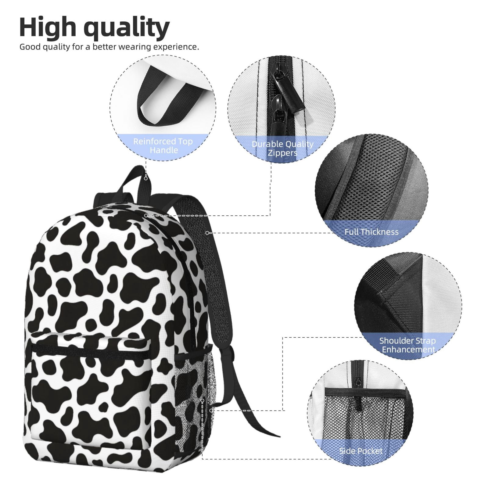 17in Backpack With Pocket Adjustable Shoulder Strap Large Capacity Zipper Opening And Closing Double Pull Head Zipper For Work Travel Sports Black White Cow Print