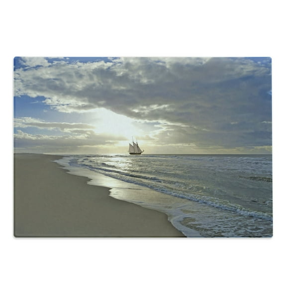 Nautical Cutting Board, Sailing Ship Close to Sandy Beach in Moody Sunset Paradise Tropical Theme, Decorative Tempered Glass Cutting and Serving Board, Large Size, Blue Beige White, by Ambesonne