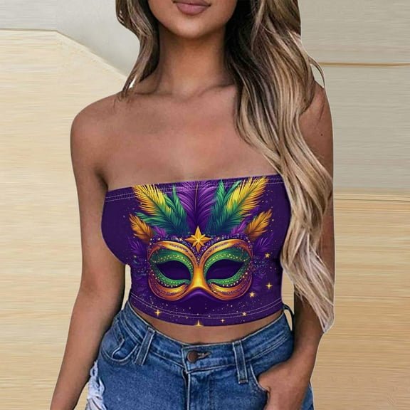 SOOMLON Mardi Gras Tube Tops for Women Carnival Outfits Tuesday Party Sleeveless Tshirts Fancy Mask Print Tops Sexy Cropped Tops New Orleans Festival Tees 2025 Purple XL