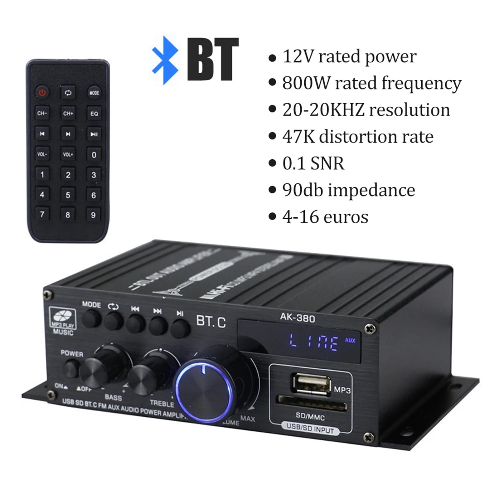 AK380 HiFi Sound Amplifier Bluetooth 5.0 400W + 400W Power Amplifier Class D BASS Stereo Amp Speaker Support Home/Car