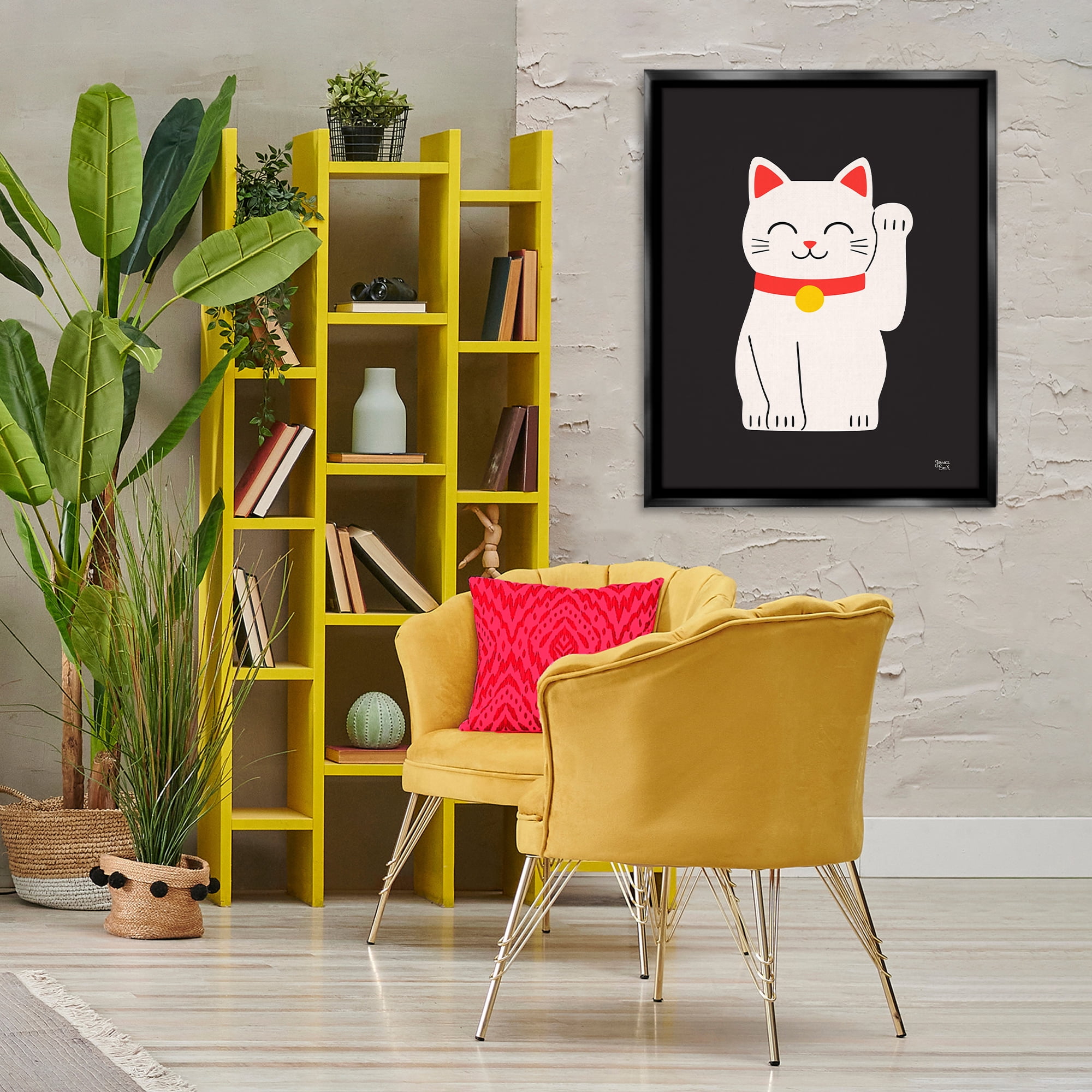 Stupell Industries Maneki Neko Lucky Cat Animals Painting Black Floater Framed Canvas Art Print Wall Art, 25 x 31
