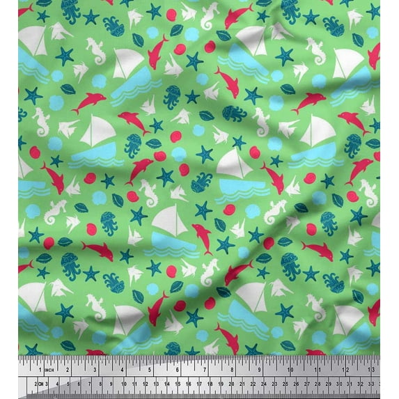 Soimoi Cotton Poplin Fabric Yacht,Dolphin & Jellyfish Ocean Fabric Prints by Yard 42 Inch Wide