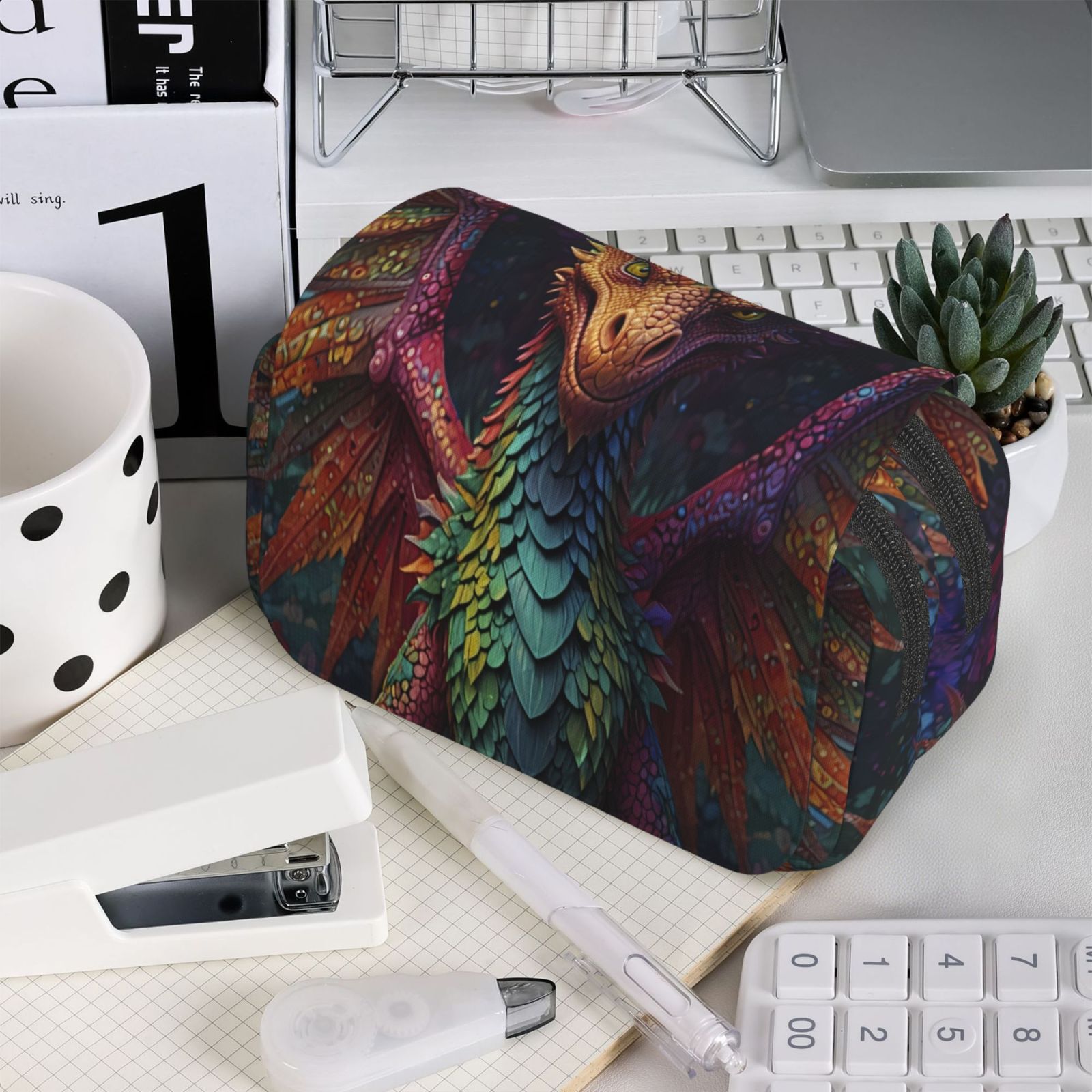 Rateoe Whimsical Dragon Color Cool Pattern Double Clamshell Pen Case, Storage Organizer with Two Zipper Compartments– Holds Up to 50 Pencils & Pens