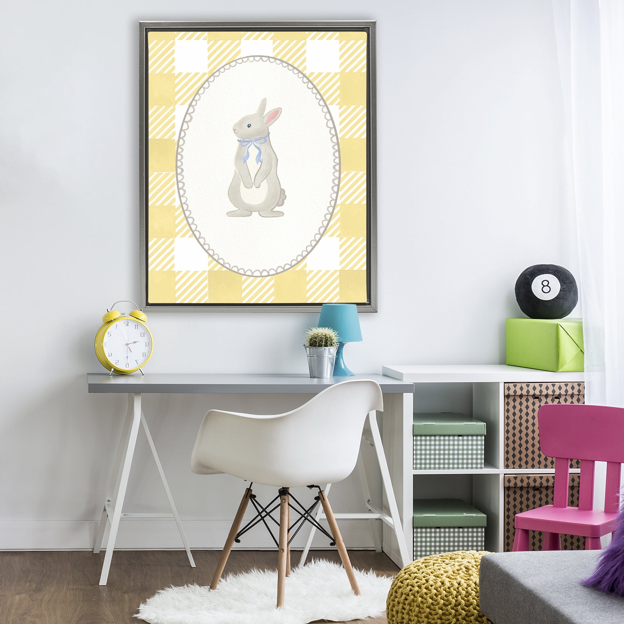 Stupell Industries Little Bunny on Yellow Gingham Gray Framed Floater Canvas Wall Art, design by The Paper Curator