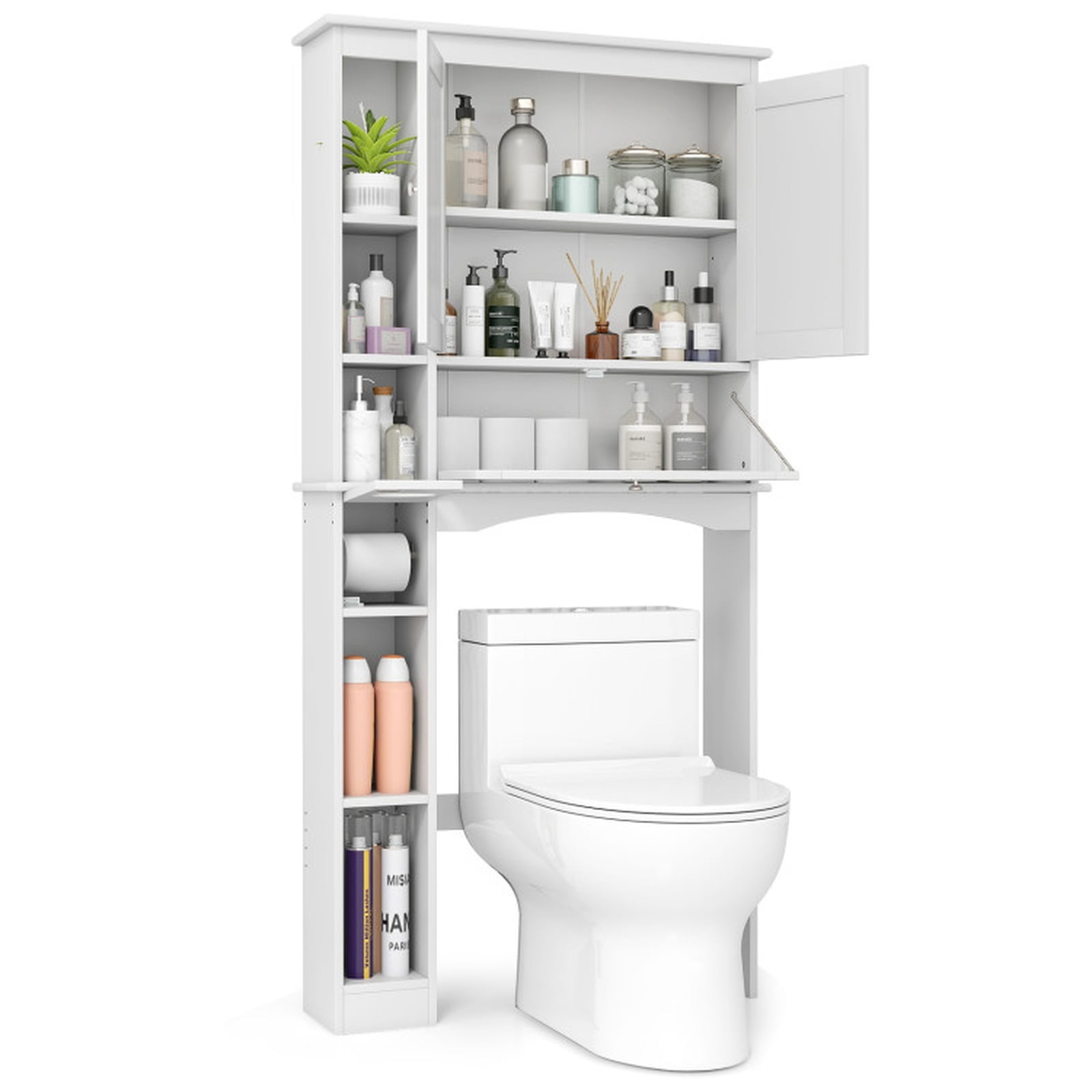 Vebreda Over the Toilet Storage Cabinet with Adjustable Shelf and Bottom Bar and Tissue Box for Bathroom Space Saving Organizer, White