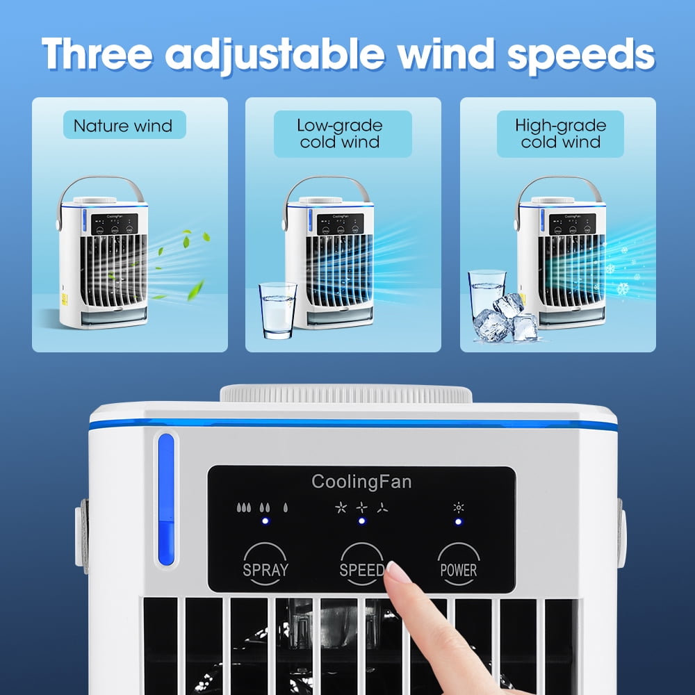 Portable Air Conditioners with Ultrasonic Atomizer,3-Speed Air Conditioner with Blue LED Light, Cooling Fan,Adjustable Cooling Modes Air Conditioner Portable For Home Office Outdoors,White